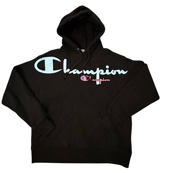 VTG Champion Retro Reverse Weave Hoodie Blue/Pink Logo Size L Y2KStreetwear - Picture 1 of 6